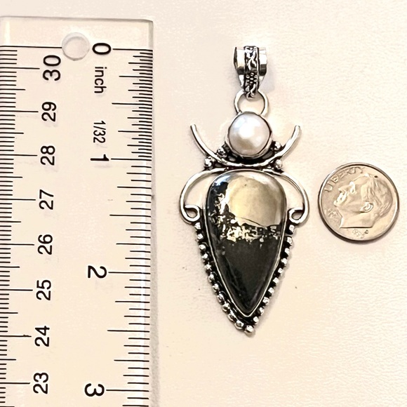 Apache Pyrite & Natural Pearl Sterling Silver Gemstone 2.5” Pendant - Picture 5 of 6